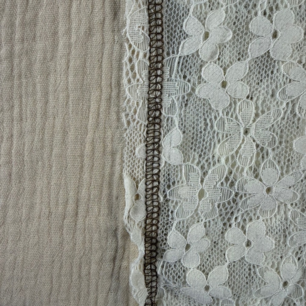 POL Womens Tan Lace Mixed Media Button Down Shirt Oversized Raw Hem M - Picture 10 of 10
